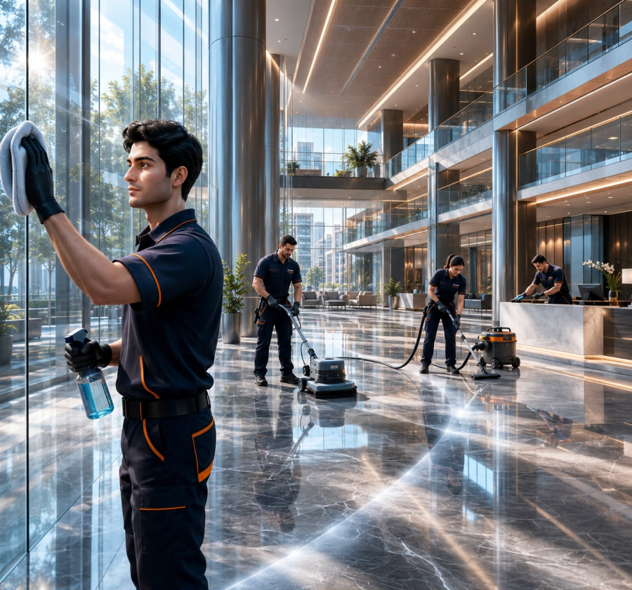 Commercial cleaning team servicing an office