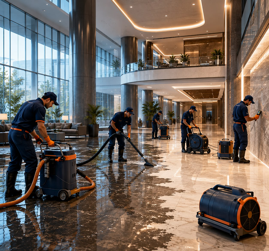 Cleaning technician polishing a commercial floor